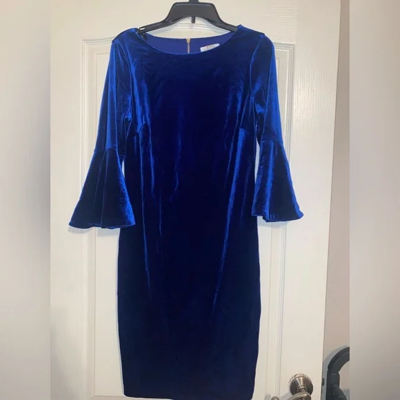calvin klein blue velvet dress NWT Calvin Klein Blue Velvet Faux Wrap Cocktail Sheath Dress Womens Size 8  $134